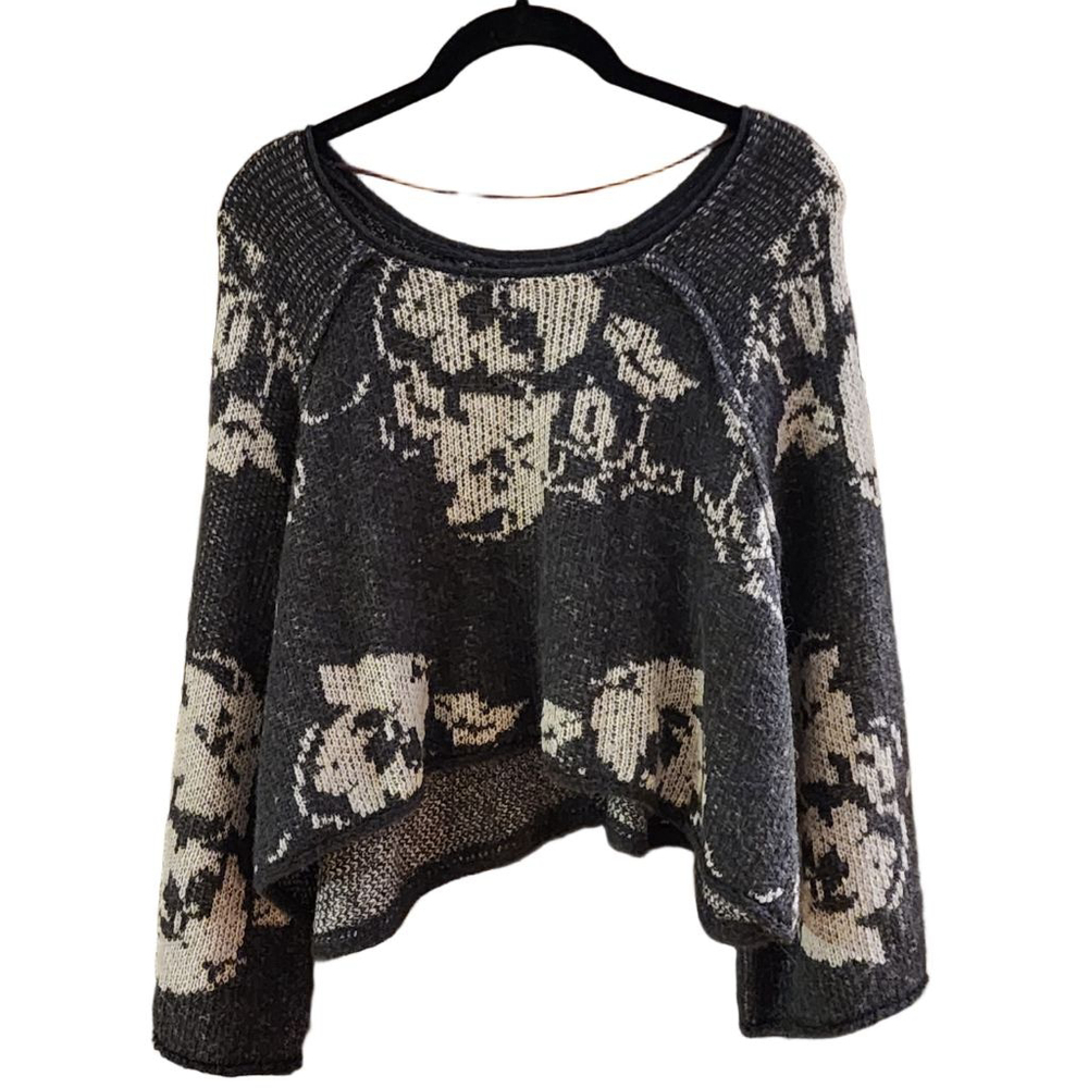 FREE PEOPLE Oversized Purple Rain Wool Alpaca Gray White Floral Crop Sweater S - Picture 3 of 6